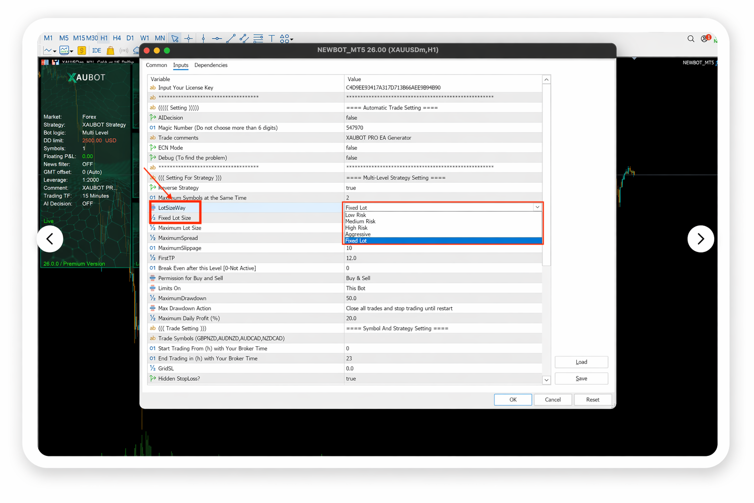 how to adjust lot size on XauBot 